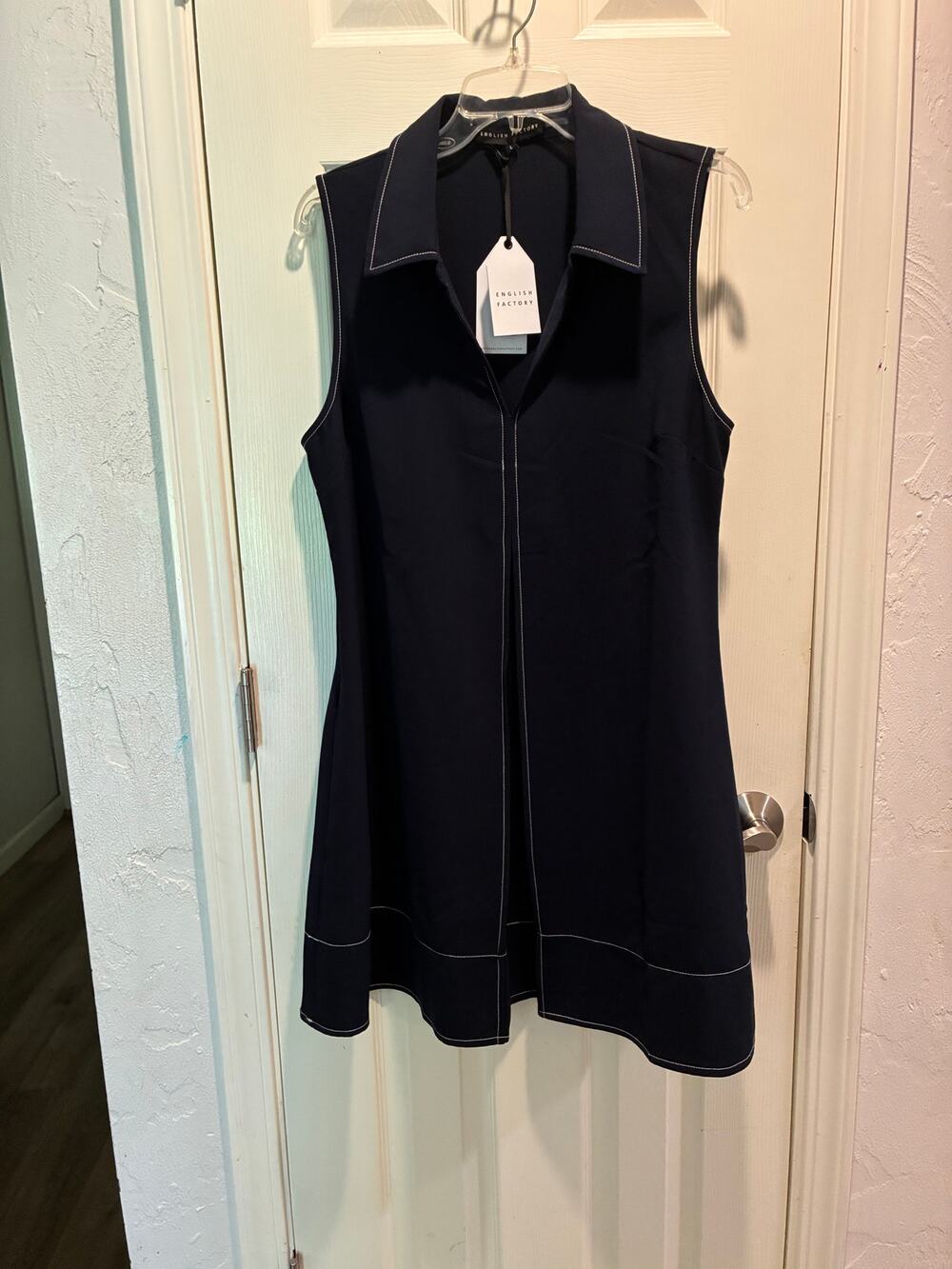 English Factory Sleeveless Collared A-Line Mini Dress in Navy